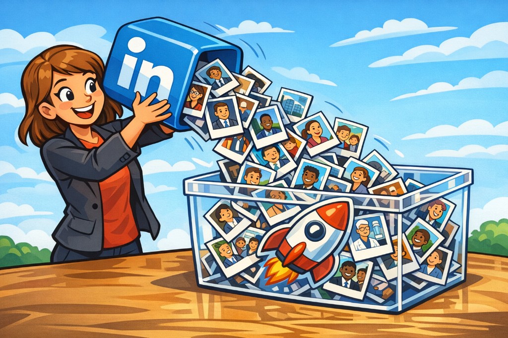 En kvinne heller profilbilder fra en LinkedIn-bøtte ned i en Relatable-beholder.